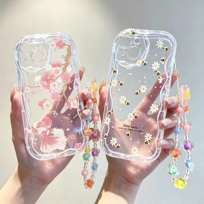 Cute Cartoon Wrist Strap Silicone Case - Милый чехол с узором «Улыбающаяся пчела